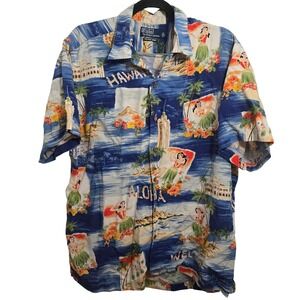Polo Ralph Lauren Vintage Camp Shirt Mens Large Blue Hawaiian Hula Viscose Aloha
